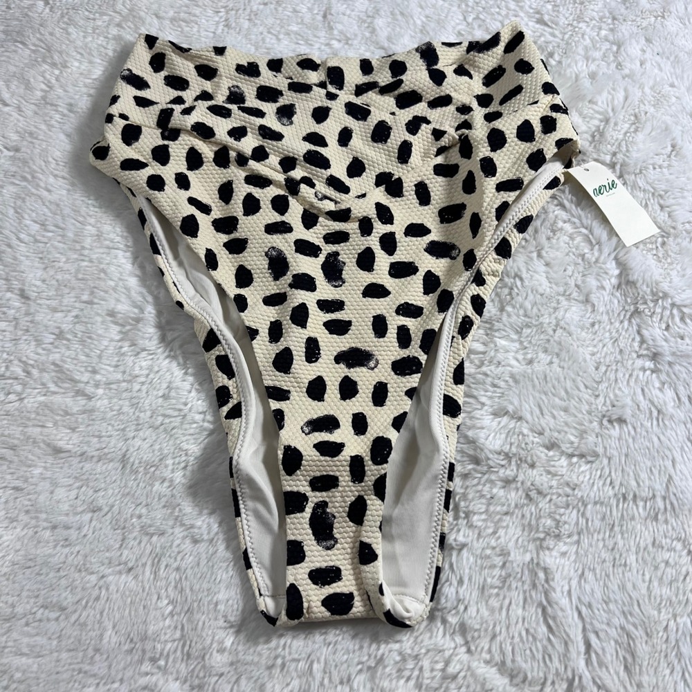 Aerie High Cut Cheeky Bikini Bottom Cream Black Animal Spot Textured Small NWT